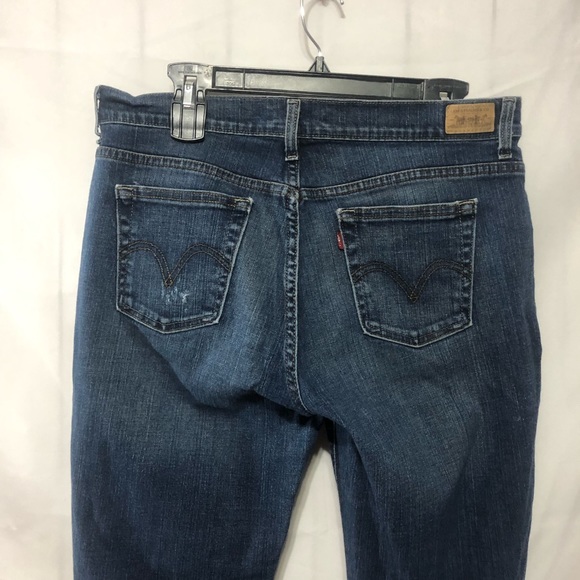 Levis Boot Cut Blue Jeans Womens 12 Mid Rise Distressed Dark Wash Stretch Denim - Picture 3 of 6